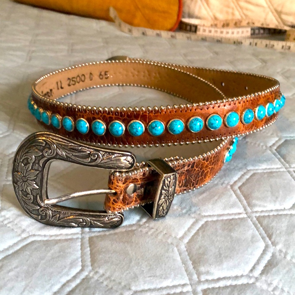 B.B. Simon Leather Belt with Turquoise Beads